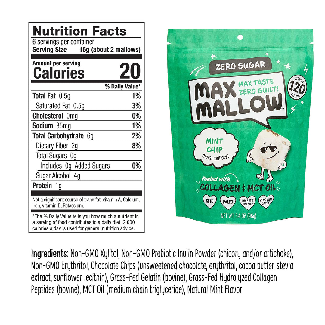Max Sweets Sugar-Free Mint Chip Mallows with nutrition label